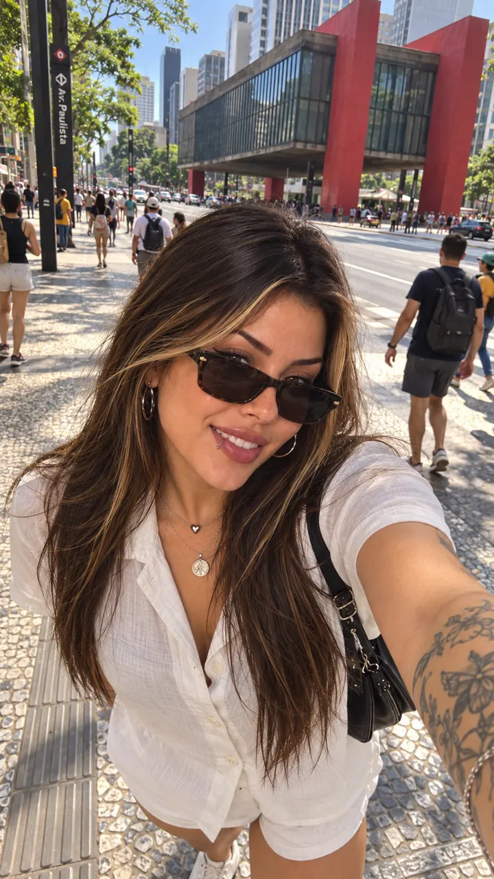 Juuh sorrindo em uma selfie na Avenida Paulista, com o MASP ao fundo